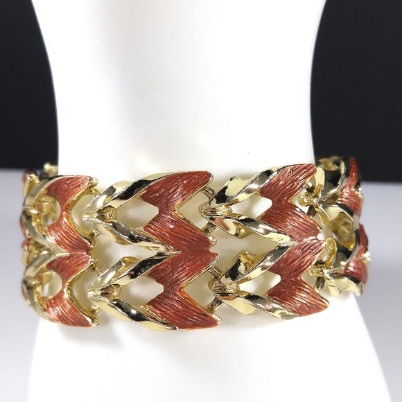 Rust Enamel Gold Plated Wide Link Bracelet Mid Century Modern 1950s Vintage
